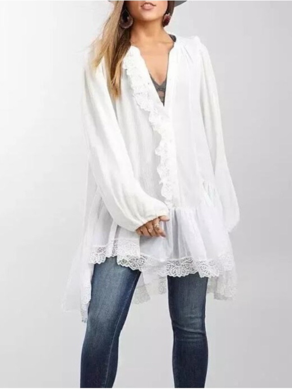 Free People Sheer White & Ivory Lace-Trim Long Sleeve Tunic Blouse NWT - Picture 2 of 12